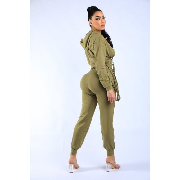 Women's Long Sleeve Zip-Up Strappy Terry Casual Hoodie Two-Piece Set Super Cute - Picture 6 of 12